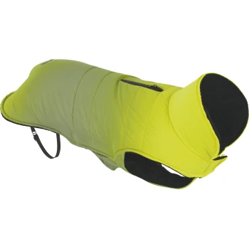 Neon-gelbgrüner wattierter Hundemantel mit Kapuze, schwarzem Fleece-Futter, Rückentasche mit Reißverschluss und verstellbarem Bauchgurt