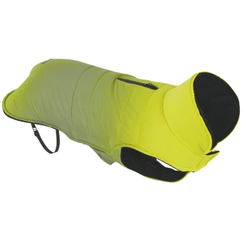 Manteau rembourré pour chien jaune-vert néon avec capuche, doublure en polaire noire, poche zippée au dos et sangle ventrale réglable