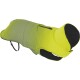 Neon-gelbgrüner wattierter Hundemantel mit Kapuze, schwarzem Fleece-Futter, Rückentasche mit Reißverschluss und verstellbarem Bauchgurt