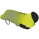 Neon-gelbgrüner wattierter Hundemantel mit Kapuze, schwarzem Fleece-Futter, Rückentasche mit Reißverschluss und verstellbarem Bauchgurt