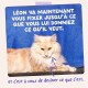Chat long poil crème‑orange sur fond bleu avec une flèche violette. Texte en français : « Léon va maintenant vous fixer... »