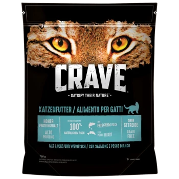 CRAVE Katzenfutterbeutel mit einer Nahaufnahme des Gesichts eines Tigers, mit Text, der auf hohen Proteingehalt, 100% natürliches Fisch und eine getreidefreie Formel hinweist.