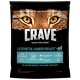 Torba z karmą dla kotów CRAVE z bliskim ujęciem twarzy tygrysa, z tekstem podkreślającym wysoką zawartość białka, 100% naturalne ryby i formułę bez zbóż.