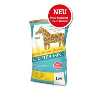 15‑kg-Beutel Josera Leichter Mix Pferdemüsli mit pferdeförmigem Futtermotiv und rotem ‚NEU‘-Badge: ‚Mehr Struktur - mehr Genuss‘