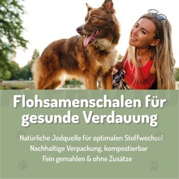 Verpacktes Produkt für Haustiere, das "Flohsamenschalen" für Hunde und Katzen enthält, mit Angaben zur 99%igen Reinheit und Verdauungsvorteilen.