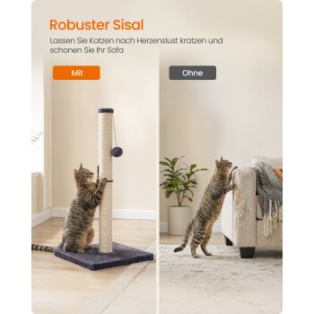 Links: Katze auf Sisal-Kratzpfosten; rechts: Katze kratzt zerrissenes Sofa. Text: 'Robuster Sisal'; 'Mit / Ohne'.