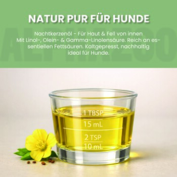 Susanne T.s Bewertung zu einem Haustierprodukt zeigt einen weißen Hund und empfiehlt Nachtkerzenöl für Hautprobleme, bewertet mit 4,8/5 aus 7.191 Bewertungen.