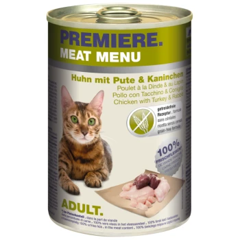 Meat Menu Adult Huhn mit Pute und Kaninchen 6x400 g Dosenfutter für Katzen "Premiere Meat Menu" mit einer getigerten Katze, mit Hähnchen, Truthahn, Kaninchen und Etiketten "100% frisches Fleisch" und "getreidefrei."