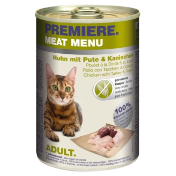 Dosenfutter für Katzen "Premiere Meat Menu" mit einer getigerten Katze, mit Hähnchen, Truthahn, Kaninchen und Etiketten "100% frisches Fleisch" und "getreidefrei."