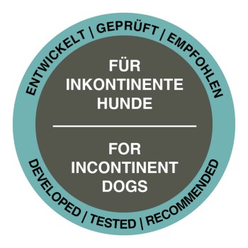 Etikett für ein Haustierprodukt: "Für inkontinente Hunde" mit "Entwickelt | Geprüft | Empfohlen".