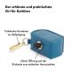 Blauer Haustierabfallbeutelspender mit einem goldenen Karabiner zur Befestigung, der eine kleine Öffnung für einfachen Zugang zu den Beuteln hat.