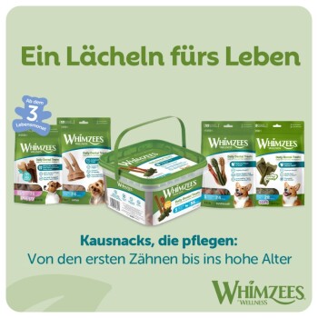 Whimzees Hundezahn-Kausnacks Display mit grünem Behälter und mehreren Beuteln, deutscher Slogan 'Ein Lächeln fürs Leben'.