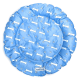 Blaues Haustierbett in runder Form, mit einem Muster aus weißen Knochen und Pfotenabdrücken, beschriftet "nobleza" am Boden.
