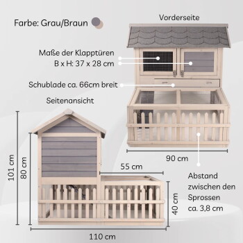 Hölzerner grau/brauner Kleintierstall mit Auslauf, Vorder- und Seitenansicht, deutschen Beschriftungen einschließlich "Farbe: Grau/Braun" und Größe 110×90×101 cm.