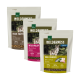 Drei Tüten Real Nature's "Wilderness" Hundefutter: "Black Earth", "Wild Valley" und "True Country", mit Wolfbildern und Nährwertinformationen.