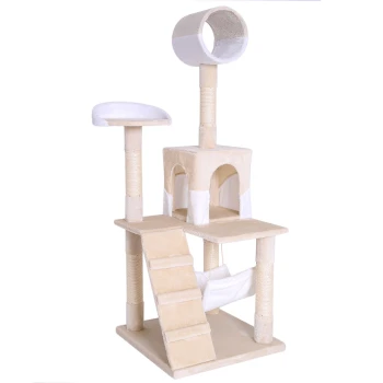 Kratzbaum, Höhe 133 cm weiß/ beige Katzenbaum mit mehreren Ebenen, einer Hängematte, Kratzpfosten und einem runden Sitzplatz, gestaltet aus weichem beigen Stoff.