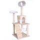Katzenbaum mit mehreren Ebenen, einer Hängematte, Kratzpfosten und einem runden Sitzplatz, gestaltet aus weichem beigen Stoff.