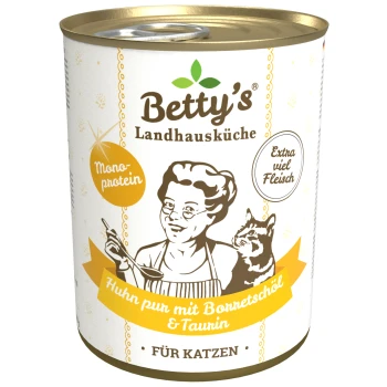 Dose mit Betty's Landhausküche Katzenfutter, die eine Kochillustration zeigt, beschriftet mit "Huhn pur mit Borretschöl & Taurin", was den hohen Fleischanteil betont.