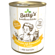 Dose mit Betty's Landhausküche Katzenfutter, die eine Kochillustration zeigt, beschriftet mit "Huhn pur mit Borretschöl & Taurin", was den hohen Fleischanteil betont.