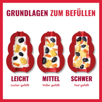 Drei rote Hundespielzeug‑Formen, die leichte/mittlere/starke Füllung zeigen; sichtbarer Text: GRUNDLAGEN ZUM BEFÜLLEN, LEICHT, MITTEL, SCHWER.