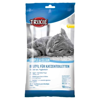Trixie Simple'n'Clean Katzenstreu-Taschen, mit einer schlafenden grauen Katze, mit Text in mehreren Sprachen, der Sauberkeit und Hygiene hervorhebt.