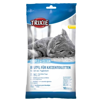 Trixie Simple'n'Clean Katzenstreu-Taschen, mit einer schlafenden grauen Katze, mit Text in mehreren Sprachen, der Sauberkeit und Hygiene hervorhebt.