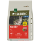 Futtermittelpackung 'Real Nature Wilderness Adult Pure Beef' mit Abbildung eines Wolfes, rohem Steak und dem Text '60% Rind, 40% Früchte, 0% zugesetztes Getreide'.