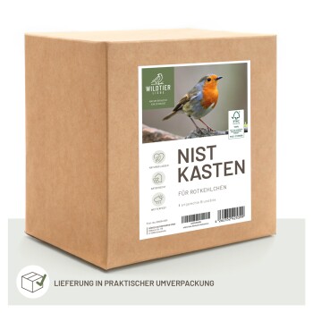 Kartonbox mit der Aufschrift 'NIST KASTEN FÜR ROTKEHLCHEN' mit einem Bild eines Rotkehlchens, mit Symbolen für natürliche Materialien, artgerechte Haltung und wetterfest.