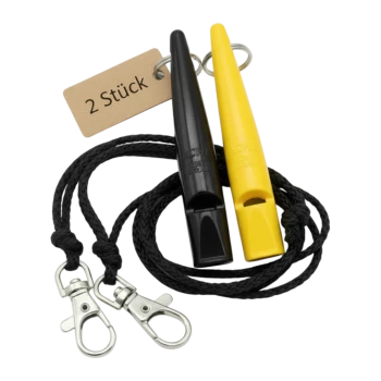 Zwei ACME-Pfeifen (schwarz und gelb) an schwarzen Bändern mit Metallclip-Haken; Anhänger: „2 Stück“.