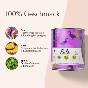 Dose Haustierfutter mit der Aufschrift "Ente", die Ente, Hirse und Spinat enthält und hochwertige Proteine sowie glutenfreie Zutaten hervorhebt.