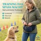 Eine Frau in einer weißen Bluse führt einen schwarz-weißen Hund an der Leine in einem grasbewachsenen Park, hält einen Ball und eine Tüte für die Abfallentsorgung.
