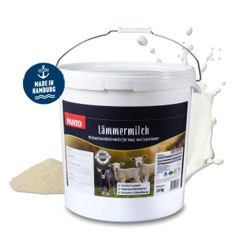 Weißer Eimer beschriftet mit 'PANTO Lämmermilch' für Lämmer und Zicklein, 10 kg, mit Bildern von Lämmern und Nährwertinformationen an der Seite.