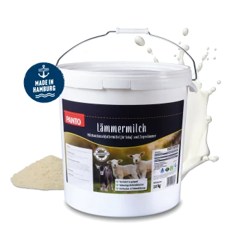 Weißer Eimer beschriftet mit 'PANTO Lämmermilch' für Lämmer und Zicklein, 10 kg, mit Bildern von Lämmern und Nährwertinformationen an der Seite.