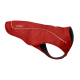 Rote Hundejacke von Ruffwear, mit einem eleganten Design und weißen Paspeln für einen bequemen Sitz bei Outdoor-Aktivitäten.