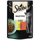 Pochette de nourriture pour chats Sheba avec un chat gris, avec un bol de viande dans une sauce étiqueté "Sélection" et "mit Huhn und Rind" en allemand.