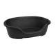 Schwarzes Kunststoff-Haustierbett mit ovaler Form und erhöhten Rändern, mit flachem Boden und Ablauflöchern.