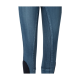 Blaue Denim-Leggings mit einem strukturierten Seitenpanel mit kleinen Herzmustern und schwarzen Knieflicken.