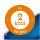 Oranges rundes Etikett mit der Aufschrift "2 kcal" und "PRO SNACK" auf einem blauen strukturierten Hintergrund.