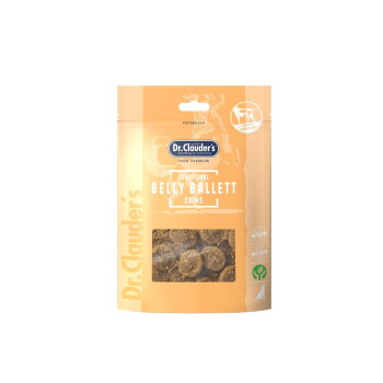 Orangene Tüte mit Dr. Clauder's Functional Belly Ballet Coins Haustierleckerlis mit sichtbaren runden Leckerlis innen.