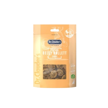 Orangene Tüte mit Dr. Clauder's Functional Belly Ballet Coins Haustierleckerlis mit sichtbaren runden Leckerlis innen.