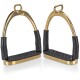 Ein Paar goldene und schwarze Reitsteigbügel mit strukturierten Gummifußbetten, mit dem eingravierten Markennamen "EQUINATE."