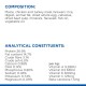 Pet food nutritional information detailing composition and analytical constituents, including protein, fat, vitamins, and minerals.