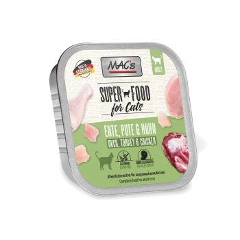 MAC's Super Food für Katzen, Nassfutter für Erwachsene mit Ente, Truthahn und Huhn, glutenfrei, hoher Fleischanteil, hergestellt in Deutschland.