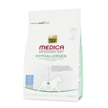 Medica Hypoallergénique Mini Saumon 2,5 kg Un sac de 2,5 kg de nourriture pour chien hypoallergénique Select Gold Medica Veterinary Diet, présentant une silhouette de chien et un texte en plusieurs langues.