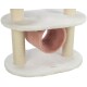Ein weicher, zweistufiger Katzenbaum mit einer plüschigen weißen Oberfläche und einem rosa, flauschigen Tunnel für Katzen zum Spielen und Ausruhen.
