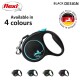 Black flexi retractable dog leash with turquoise accents, labeled "Available in 4 colours," featuring a quality badge "Made in Germany."