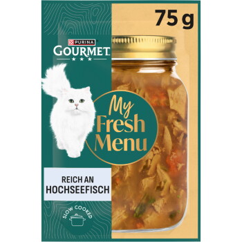 Purina Gourmet 'My Fresh Menu' 75 g Katzenfutterglas mit weißer langhaariger Katze; Text 'Reich an Hochseefisch' und 'Langsam gegart'