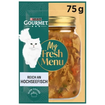 Purina Gourmet 'My Fresh Menu' 75 g Katzenfutterglas mit weißer langhaariger Katze; Text 'Reich an Hochseefisch' und 'Langsam gegart'