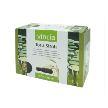 Paille Toru Emballage Vincia Toru-Stroh en vert et blanc, étiqueté "100% naturel", avec un texte multilingue sur les soins optimaux des étangs.
