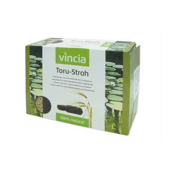 Vincia Toru-Stroh Verpackung in Grün und Weiß, beschriftet mit "100% natürlich", mit mehrsprachigem Text zur optimalen Teichpflege.